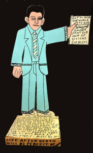 "Self Portrait" on stand #13067 dated Dec 13, 1988 by Howard Finster paint, marker on wooden cut out on stand 11" x 6" x 4" $1800 #13740