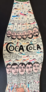 detail middle  "Coke Bottle" #13,198  dated Jan 8, 1990 by Howard Finster  paint, marker on wooden cut out  34" x 10.5" x 1/4"   $400