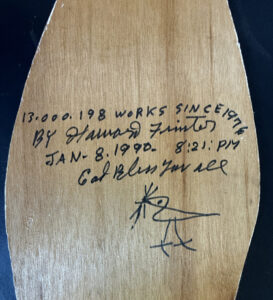 detail verso  "Coke Bottle" #13,198  dated Jan 8, 1990 by Howard Finster  paint, marker on wooden cut out  34" x 10.5" x 1/4"   $400