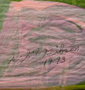 signature "Roses" dated 1993 by Sybil Gibson  paint on newspaper  27.5” x 22”  unframed  $1600  #13754