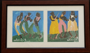 "Musicians" dated 2000 by Woodie Long (2 works framed together) acrylic on paper each 5.75" x 5.75" matted together with white mat in dark wood tone frame 9 7/8” x 16 3/8” $700 #13755