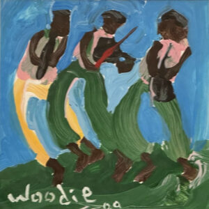 "Musicians" dated 2000 by Woodie Long (2 works framed together) acrylic on paper each 5.75" x 5.75" matted together with white mat in dark wood tone frame 9 7/8” x 16 3/8” $700 #13755