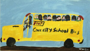 "Schoolbus" by Woodie Long acrylic on paper 14" x 8.25" white mat in dark wood frame 13.25" x 19.25" $800 #13757