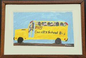 "Schoolbus" by Woodie Long  acrylic on paper  14" x 8.25"   white mat in dark wood frame 13.25" x 19.25"  $800  #13757