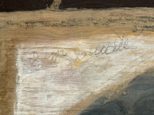 signature "Log Cabin" 1980 by Jimmie Lee Sudduth  mud, natural pigments, paint, pencil on wood  24" x 32"  unframed  $2800  #13758