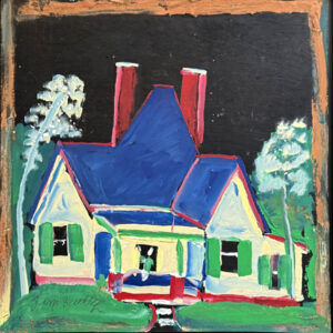"Beige House with Blue Roof and Trees" c. 2011 by Jimmie Lee Sudduth mud paint on wood 24" x 24" in black shadowbox frame 25.5" x 26.5" $2000 #13762