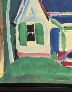 signature "Beige House with Blue Roof and Trees" c. 2011 by Jimmie Lee Sudduth mud paint on wood 24" x 48" in black shadowbox frame 25.5" x 26.5" $2000 #13762