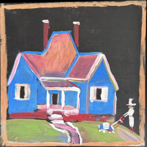 "Blue House with Man Mowing Yard" c. 2011 by Jimmie Lee Sudduth mud paint on wood 24" x 24" in black shadowbox frame 25.5" x 26.5" $2000 #13763