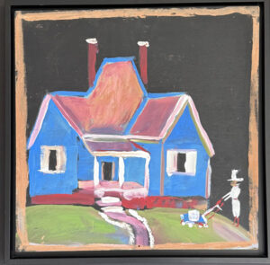 in frame "Blue House with Man Mowing Yard" c. 2011 by Jimmie Lee Sudduth mud paint on wood 24" x 24" in black shadowbox frame 25.5" x 26.5" $2000 #13763