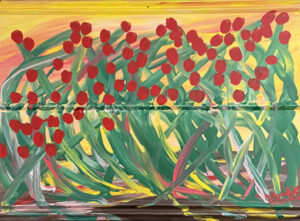 "Red Tulips" on yellow by Woodie Long acrylic on tin unframed 26.5" x 36" $2500 #13764