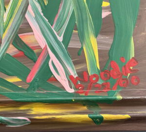 signature "Red Tulips" on yellow by Woodie Long  acrylic on tin  26.5" x 36"  $2500   #13764