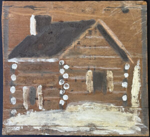 "Log Cabin" c. 1977 by Jimmie Lee Sudduth mud, kaolin clay on wood paneling 16" x 17.25" $1250 #13767