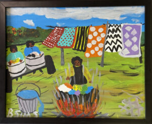 Framed "Washing Quilts" c. 1993 by Bernice Sims acrylic on canvas 16" x 20" in black frame $1100 #13768