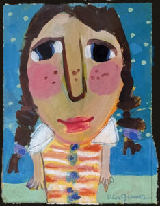 "Pigtails and Stripes" c. 2001 by Lila Graves acrylic on paper 7.5" x 5.75" matted in natural wood frame 14.25" x 12.25" $295 #13770