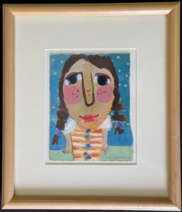 framed "Pigtails and Stripes" c. 2001 by Lila Graves acrylic on paper 7.5" x 5.75" matted in natural wood frame 14.25" x 12.25" $295 #13770