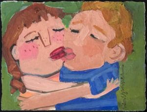"Kiss" c. 5.75" x 7.5" 2001 by Lila Graves acrylic on paper 5.75" x 7.5" matted in gold frame 12.75" x 14.75" $295 #13771