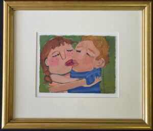 framed "Kiss" c. 5.75" x 7.5" 2001 by Lila Graves acrylic on paper 5.75" x 7.5" matted in gold frame 12.75" x 14.75" $295 #13771