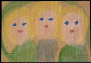 "Three Ladies" dated 1992 by Sybil Gibson paint on cardboard ply 13.5" x 19.75" in gold frame 21.5" x 27.5" $1100 #13776