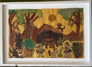 in frame "The Flintstones" c. 1984 by Juanita Rogers watercolor on colored paper 12.5" x 19" white mat & frame $1200 #10043