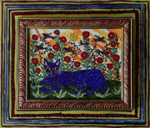 "Afternoon in the Garden and Dark Weeds" 2024 by Sarah Rakes acrylic on wood in artist's hand painted frame 17.75" x 20.75" $1000 #13598