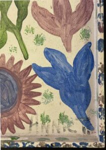 detail signature "Butterfly Leaving a Flower" dated 4-13-01 by Annie Tolliver acrylic house paint on wooden tray 20" x 12" x 1.75" $1300 #13777