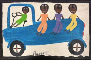 "My Family Riding Truck" dated 8-5-92 by Annie Tolliver acrylic house paint on wood 15.5" x 24" $1300 #13781