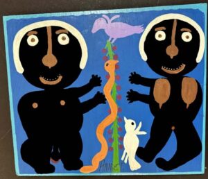 "Adam and Eve" c. 1990s by Annie Tolliver acrylic house paint on wood 18.5" x 21.25" irr $1900 #13783