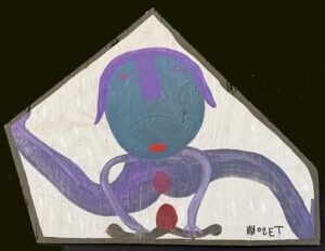 "Woman on Scooter" c. 1996 by Mose Tolliver house paint on wood shape 25" x 25.5" irregular $1500 #13784