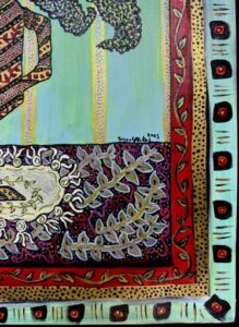 detail signature "New Morning Bouquet" 2026 by Sarah Rakes acrylic on wood 28.75" x 23" $1400 #13787