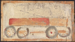 Wagon c. 1985 by Jimmie Lee Sudduth pencil, mud, paint rock on wood 14" x 24" unframed $1000 #13788