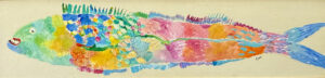 Fish with Blue Tail c. 2006 by Ann "Frantic" acrylic on wood 47.5" x 11.5" in gold textured 2" wide frame 50" x 13.75" $1800 #13791