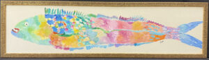 in frame Fish with Blue Tail c. 2006 by Ann "Frantic" acrylic on wood 47.5" x 11.5" in gold textured 2" wide frame 50" x 13.75" $1800 #13791