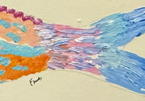 detail Fish with Blue Tail c. 2006 by Ann "Frantic" acrylic on wood 47.5" x 11.5" in gold textured 2" wide frame 50" x 13.75" $1800 #13791