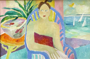 "Afternoon By the Ocean" c. 2006 by Ann "Frantic" acrylic on canvas 30" x 47.5" in 5" wide light natural distressed wood frame 34" x 51.75" $5000 #13792