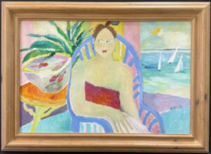 in framae "Afternoon By the Ocean" c. 2006 by Ann "Frantic" acrylic on canvas 30" x 47.5" in 5" wide light natural distressed wood frame 34" x 51.75" $5000 #13792