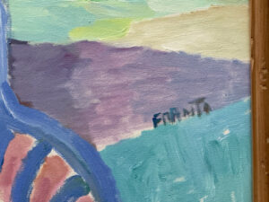 signature "Afternoon By the Ocean" c. 2006 by Ann "Frantic" acrylic on canvas 30" x 47.5" in 5" wide light natural distressed wood frame 34" x 51.75" $5000 #13792