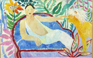 "Reclining with Lion" c. 2006 by Ann "Frantic" acrylic on wood 30" x 47.5" in wide 2.5" light natural wood frame 34" x 51.75" $6000 #13793