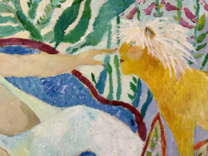 detail "Reclining with Lion" c. 2006 by Ann "Frantic" acrylic on wood 30" x 47.5" in wide 2.5" light natural wood frame 34" x 51.75" $6000 #13793