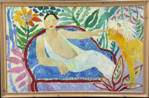in frame "Reclining with Lion" c. 2006 by Ann "Frantic" acrylic on wood 30" x 47.5" in wide 2.5" light natural wood frame 34" x 51.75" $6000 #13793
