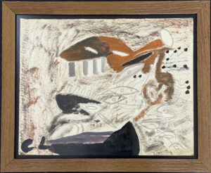 With Frame  "Cleaning the Brushes: by Charlie Lucas mixed media on paper  15.5" x 20"  mounted on dark background with natural walnut 2" wide frame 19.5" x 23.75"   $700  #13798