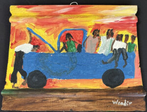 "Daddy Fixing the Blue Truck"  c. 1991  by Woodie Long acrylic on found wood  11" x 15"  $400  #13799  Has crack