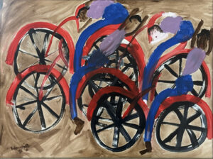 "Kids on Bikes" dated 1992 by Woodie Long acrylic on paper 17.5" x 23.5" framed in silverleaf frame no mat 20.5" x 26.5" $1650 #13800