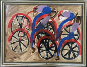With frame "Kids on Bikes" dated 1992 by Woodie Long acrylic on paper 17.5" x 23.5" framed in silver leaf frame no mat 20.5" x 26.5" $1650 #13800