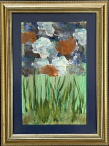 framed "Mama's Flowers" acrylic on paper  9" x 5.5"  mounted on navy background in bronze frame  20.5" x 26.5"     $475  #13801