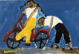 "Buddy Riding on Bike" by Woodie Long acrylic on paper 5.5" x 8.5" mounted on white background in small red frame 8.5" x 11.5" $450 #13802