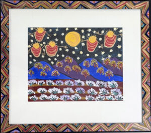 "Lunar Infants and Crops in Bloom" dated 1994 by Sarah Rakes acrylic on paper and wood 19" x 21.5" with artist's hand painted wooden frame $800 #13808