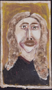 Portrait by Jimmie Lee Sudduth dated Nov. 24, 1987 on back mud, paint on found wood 25" x 14.5" $1900 #13809 Provenance Cargo Gallery