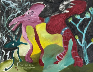 "House Pet Pushing Out of the Dark" c. 1993 by Charlie Lucas acrylic on paper 22" x 27" in white mat with black metal frame $750 #13810