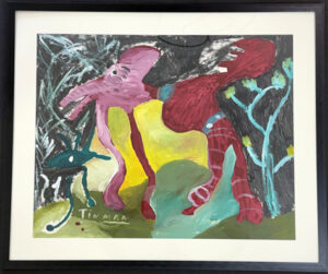 Framed "House Pet Pushing Out of the Dark" c. 1993 by Charlie Lucas acrylic on paper 22" x 27" in white mat with black metal frame $750 #13810