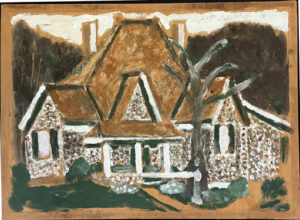 "Big Stone House with Tree" c. 1988 by Jimmie Lee Sudduth mud, kaolin on wood 23.75" x 32.25" $2200 #13811 ("James House" verso inscription)